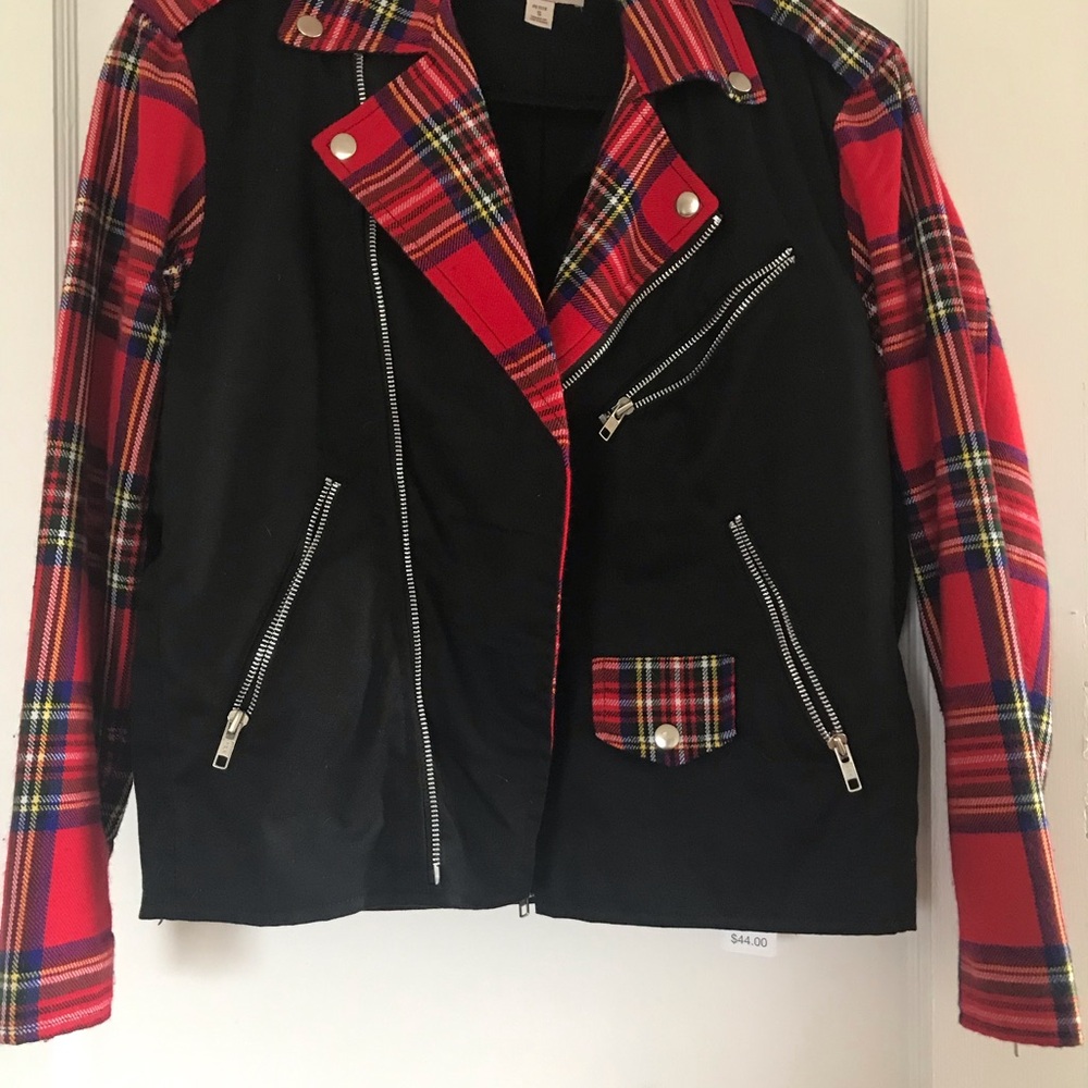 Women's Red Plaid and Black Leather Jacket
